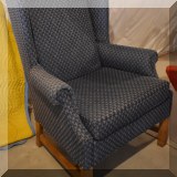 F36. Blue wing chair. 41”h x 30”w x 21”d 